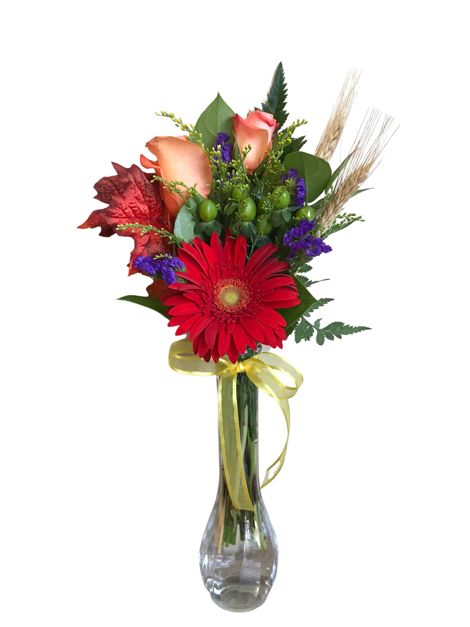 Autumn Greetings - Fall arrangement with orange roses, red gerbera daisy, statice, hypericum and wheat tufts.