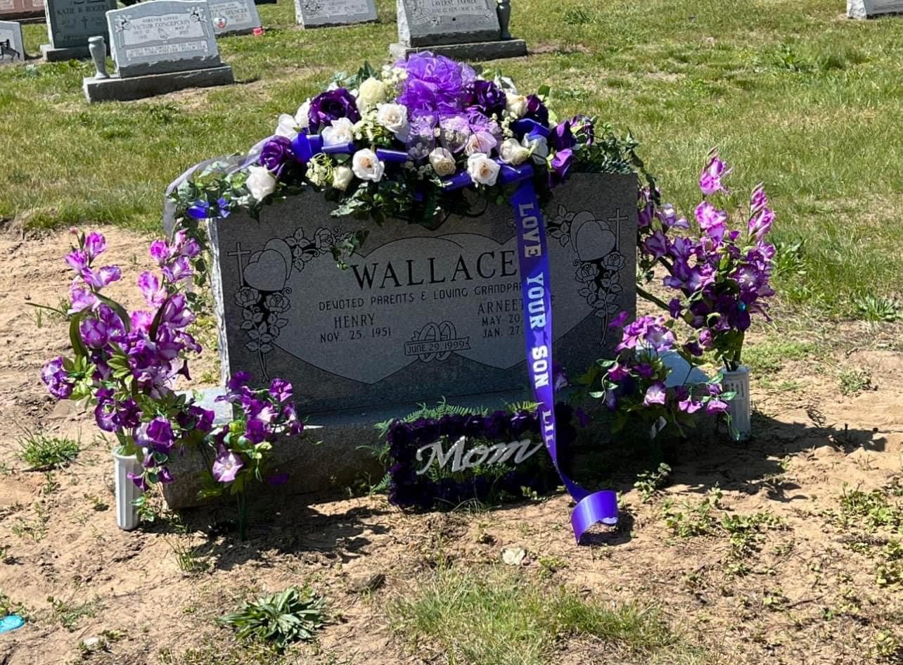 Artificial Floral Grave Setup (Purple) - YES! You can have a grave arrangement like this done the piece on the top is the price. All the othe floral pieces are separate.