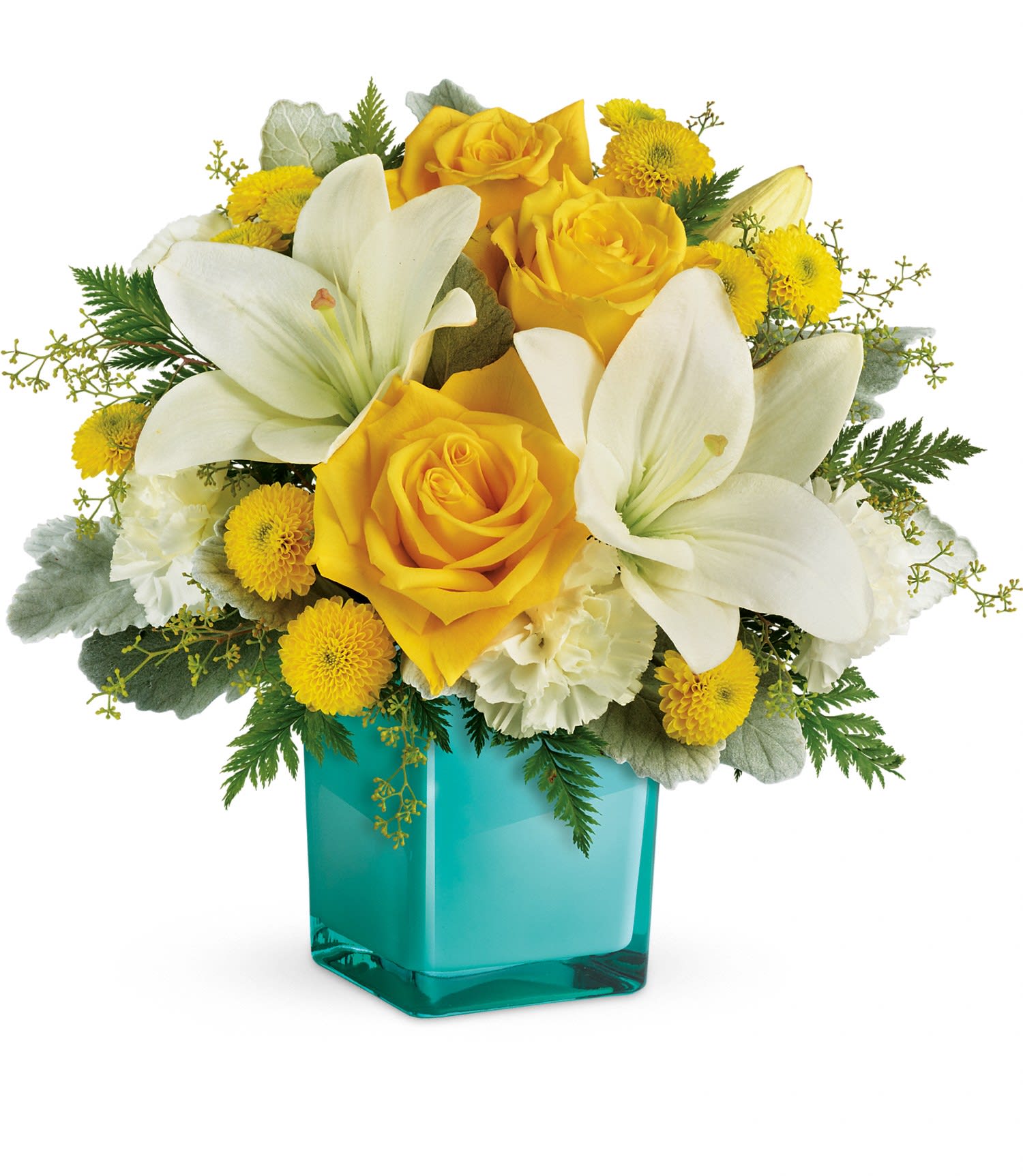 Golden Laughter Bouquet by Teleflora - This cheerful bouquet features yellow roses, white asiatic lilies, white carnations, yellow button spray chrysanthemums, seeded eucalyptus, dusty miller and leatherleaf fern. Delivered in a glass cube. Approximately 14 3/4 W x 13 H