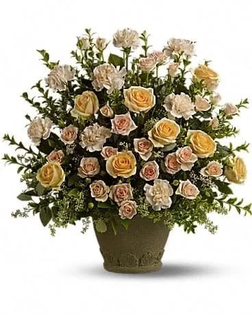 Teleflora's Rose Remembrance - To create a truly stunning tribute, choose a magnificent, fragrant display of peach roses, spray roses and carnations - accented with greenery, and displayed in a classic Grecian Garden urn. A gracious mark of respect for a life well lived. A mix of fresh peach flowers such as roses, spray roses and carnations - accented with greenery - is delivered in a Grecian Garden urn. 