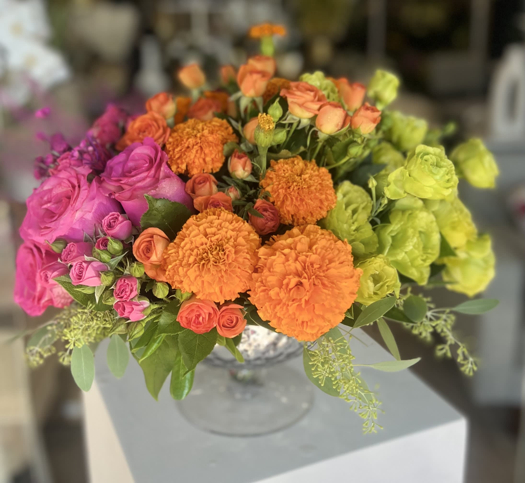 Happy  Garden Blooms  - Gorgeous bouquet of vibrant blooms in stunning pedestal vase 