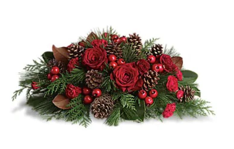 Spirit Of The Season Spirit Of The Season - Spread the spirit of the holiday season by sending this lovely holiday arrangement to the home of friends and family. The low profile makes it a perfect centerpiece, although it will be equally at home in any room. Gorgeous red roses and spray roses, berry sprays and carnations are arranged with pinecones and festive greenery. A great way to serve up holiday cheer! Orientation : All-Around All prices in USD ($) Standard T120-3A Deluxe T120-3B Premium T120-3C