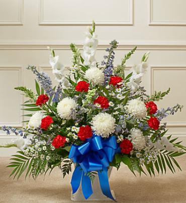 Red White And Blue Sympathy Floor Basket Red White And Blue Sympathy Floor Basket - Send a beautiful expression of your love and support to a beloved veteran during this difficult time. Item # 91211