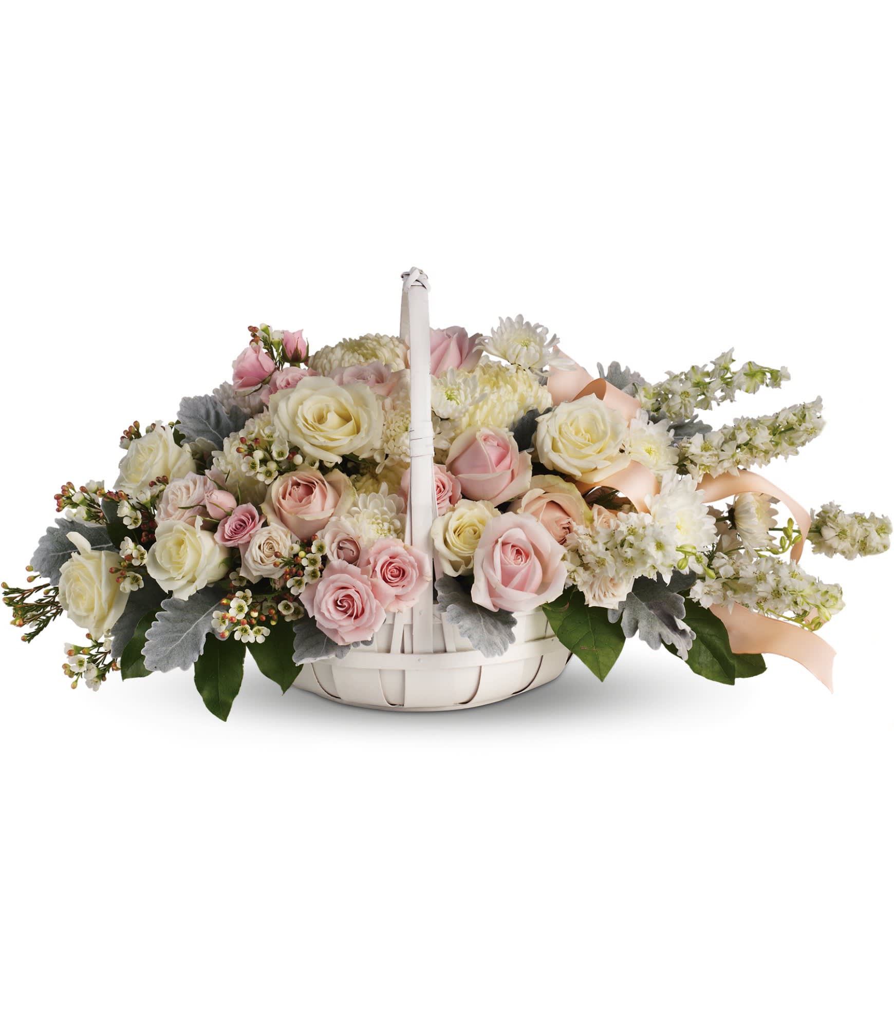 Dawn of Remembrance Basket - To offer comfort and consolation, these serene, softly colored roses and chrysanthemums are nestled in a round white basket with handle. Satin ribbon is threaded throughout to complement the soft look. 