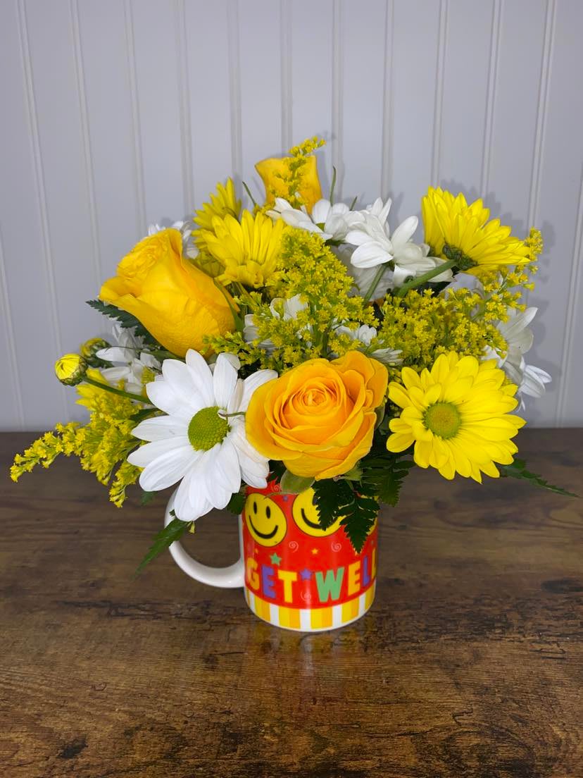 Get Well Soon Get Well Soon - Perfect for a speedy recovery yellow roses, daisies and golden solidaster flowers.