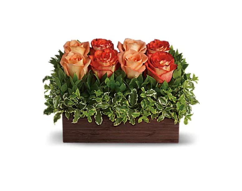 Teleflora's Uptown Bouquet - An arrangement worthy of your uptown girl, this one rocks! Modern without being trendy. Gorgeous without being girly. If your woman knows style, this is the gift for her. Outrageously beautiful dark orange and peach roses are nestled in a garden of greens and delivered in a unique bamboo rectangle. Go ahead: show her that you get it. 
