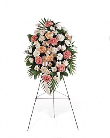 Gentle Thoughts Spray - The pink and white flowers of this lovely spray will express your deepest sympathy ever so gently to all in attendance. One spray of pink carnations, white spray chrysanthemums and rose accents with a pink ribbon is delivered on an easel 