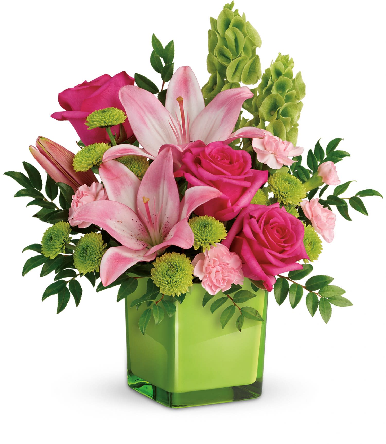 Teleflora's In Love With Lime Bouquet - This refreshing arrangement features dark pink roses, pink asiatic lilies, pink miniature carnations, bells of ireland, green button spray chrysanthemums, and huckleberry. Delivered in a glass cube. Approximately 14 W x 15 H