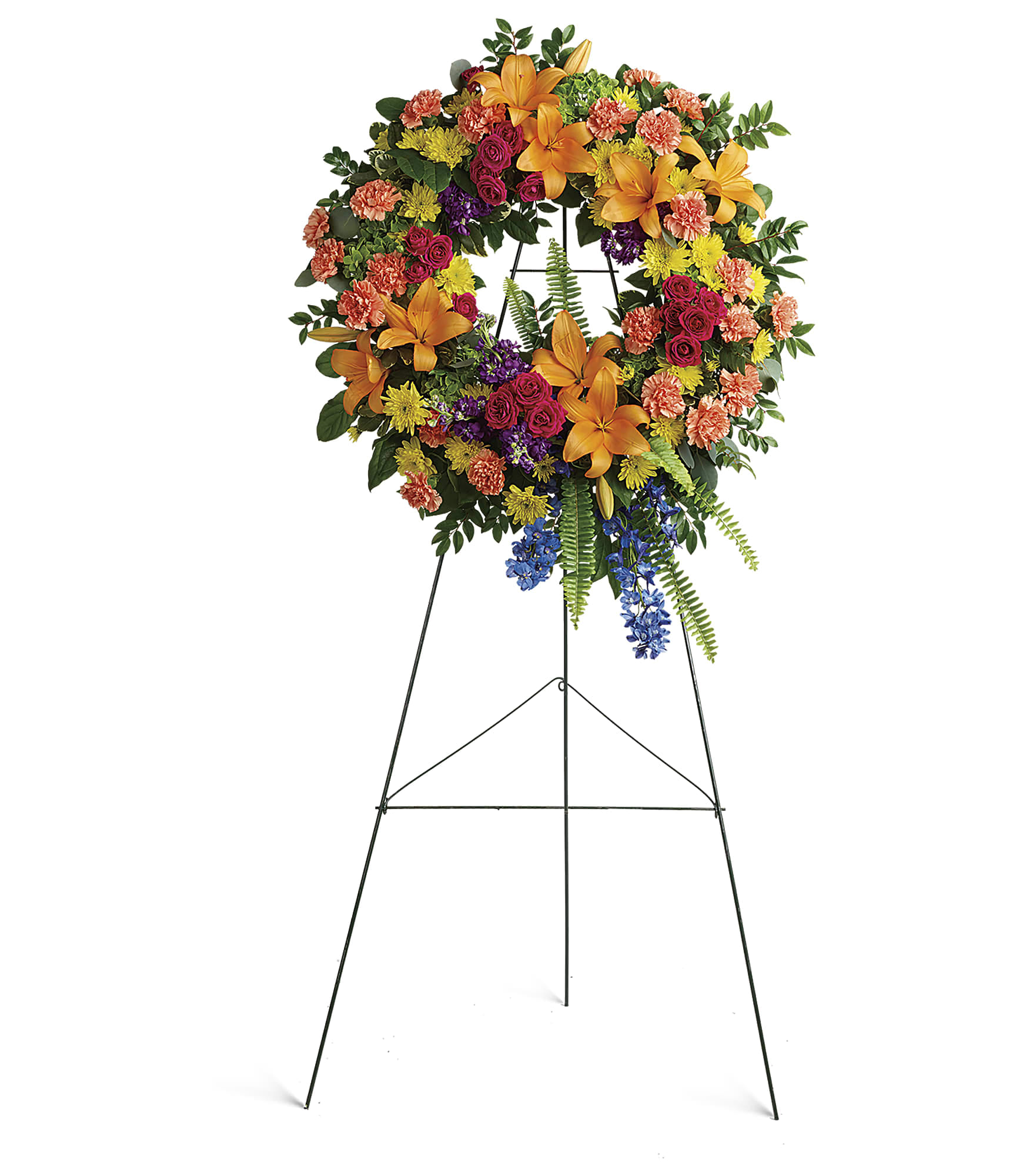 Colorful Serenity Wreath - A rainbow of love. Celebrate your colorful memories of a beautiful life with this radiant wreath of hydrangea, roses and lilies.  This wreath features green hydrangea, hot pink spray roses, orange asiatic lilies, orange carnations, blue delphinium, purple stock, yellow cushion spray chrysanthemums, huckleberry, variegated pittosporum, sword fern, silver dollar eucalyptus, and lemon leaf. Delivered on a wire easel. Approximately 27 3/4&quot; W x 34&quot; H