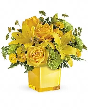 Teleflora's Sunny Mood Bouquet - An instant pick-me-up! Beautifully arranged in a stylish cube vase, these radiant roses and lilies deliver smiles and sunshine, any day of the week. This bright bouquet includes yellow roses, yellow asiatic lilies, green carnations, yellow button spray chrysanthemums, bupleurum and leatherleaf fern. Delivered in a glass cube. 