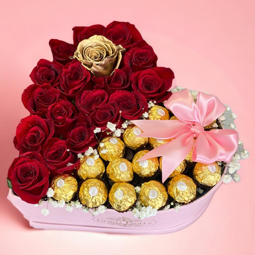 Chocolate Flower Bouquet in a Box: Ferrero rocher chocolates and roses  arranged in a box for Birthday Anniversary