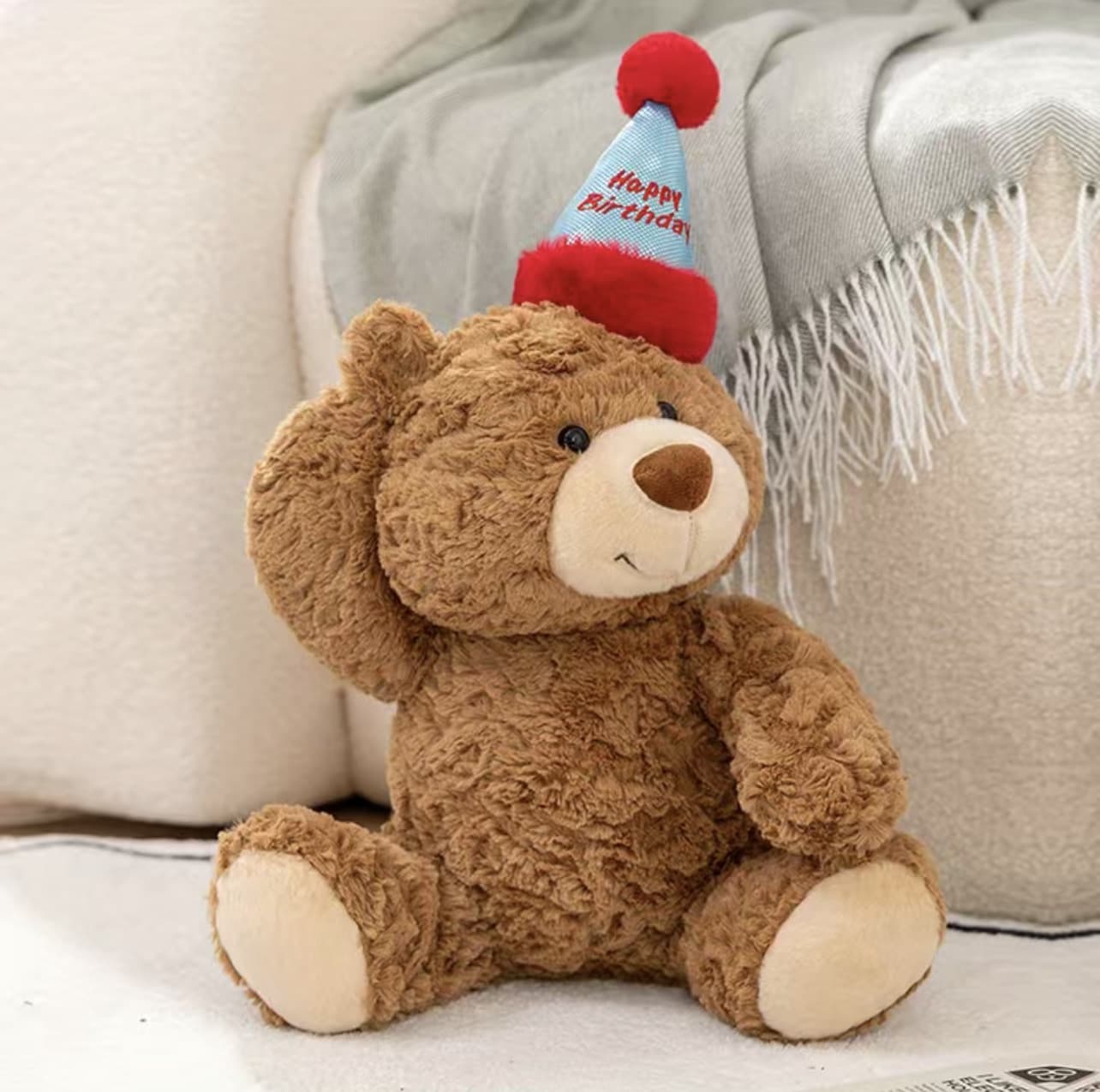 "HAPPY BIRTHDAY" Plush Birthday Bear with Party Hat "HAPPY BIRTHDAY" Plush Birthday Bear with Party Hat - "HAPPY BIRTHDAY" Deluxe Plush Birthday Bear wearing a Party Hat (approximate size 13.78*9.84*8.66 inches) AVAILABLE IN 2 SIZES