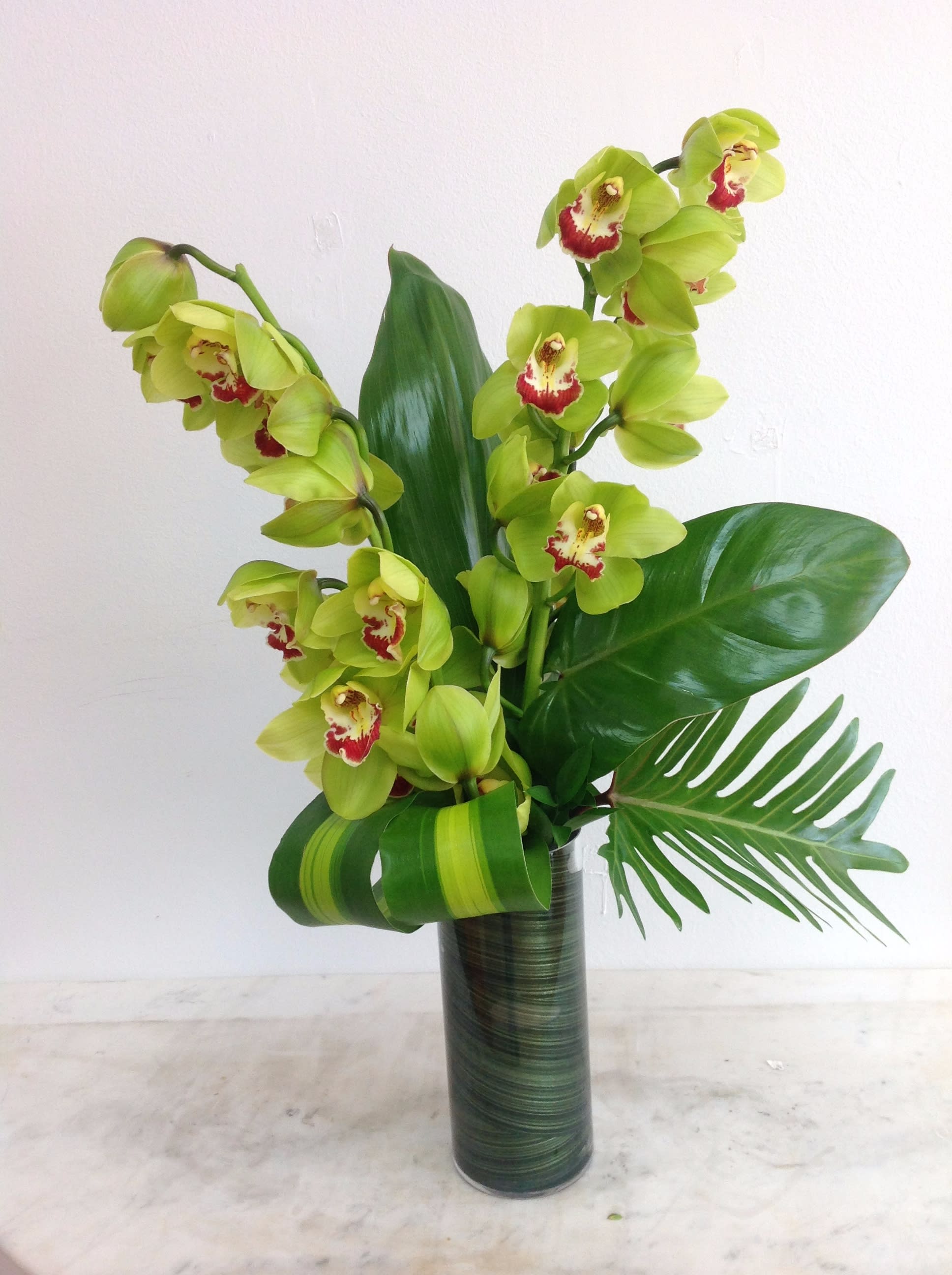 Always Green Always Green - Beautiful arrangement perfect for every occasion with two green cymbidium arranged with some kind of leaves in tall cylinder..