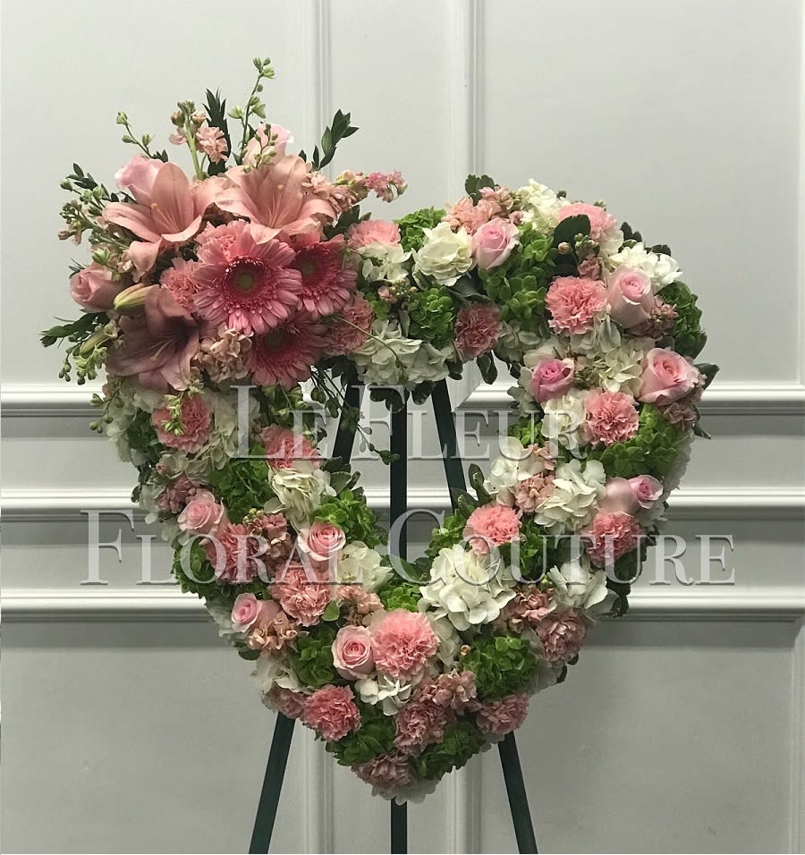 Garden Heart Sympathy Spray - Sympathy open-heart standing spray designed for those who enjoy and love the essence of a hidden garden. (Colors may be substituted in Special Instructions.)