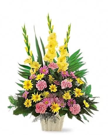 Warm Thoughts Arrangement - This pastel arrangement will express your sympathy and lovingly show your warm thoughts. One arrangement with pink carnations, yellow and lavender daisies, and yellow gladioli, along with a pink ribbon, is delivered in a white container. 