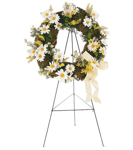 Drop Of Sunshine Wreath - This pretty wreath will lift spirits with its sunny warmth.  One wreath on an easel arrives decorated with white chrysanthemums, asters and solidago, along with ribbon. Approximately 15&quot; D