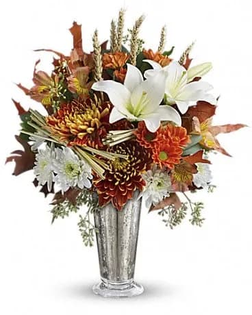Teleflora's Harvest Splendor Bouquet - Celebrate fall with this stunning mix of warm autumn blooms and crisp white lilies, arranged in a chic mercury glass julep vase. This unique bouquet includes white asiatic lilies, dark orange alstroemeria, white cushion chrysanthemums, rust-colored daisy chrysanthemums, bronze disbud chrysanthemums, seeded eucalyptus, oak leaves and wheat. Delivered in an exclusive silver Mercury Glass large julep vase.