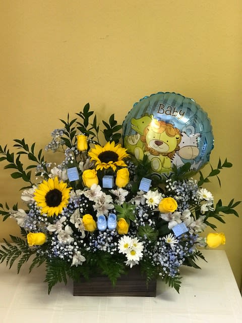 New Baby  (Boy or Girl )  stellar  - Roses and sunflowers with ballon,  yellow, blue- pink  and white flowers
