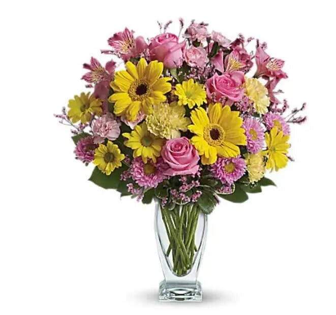 Teleflora's Dazzling Day Bouquet Teleflora's Dazzling Day Bouquet - Dazzle someone special with a stylish and bright bouquet! These delightful blossoms in shades of pink and yellow are delivered in a gorgeous glass vase. Pink roses, yellow gerberas and daisy spray chrysanthemums, dark pink alstroemeria, light yellow carnations, light pink matsumoto asters and miniature carnations are a mere sampling of what's included in this dazzling gift. Delivered in a glass couture vase.