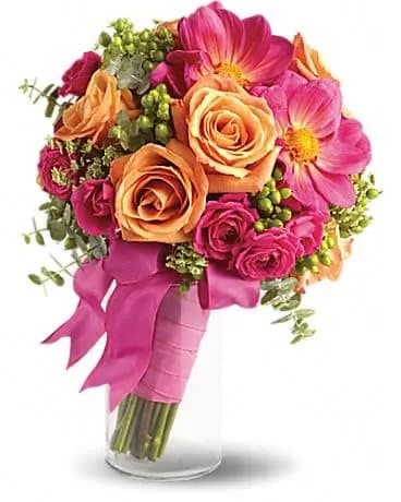 Passionate Embrace Bouquet Passionate Embrace Bouquet - Evoke the exciting passion of true love with this high-fashion bouquet of hot pink, orange and green. Hot pink and orange roses come together with bold pink dahlias and accents of Queen Anne's lace, green hypericum and spiral eucalyptus.