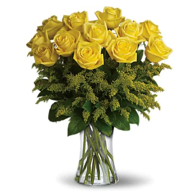 Rosy Glow Bouquet Rosy Glow Bouquet - Yellow roses symbolize friendship, and sending this sunny bouquet of bright yellow flowers is such a beautiful way to celebrate a special bond. Destined to make anyone's day glow, these roses are brilliant! Glowing yellow roses and solidago mixed with greens are delivered in a clear glass gathering vase. Sunny skies ahead!