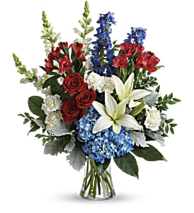 Colorful Tribute Bouquet (T282-2A)(2B)(2C) - Perfectly patriotic with its red, white and blue  blooms, this bold bouquet of hydrangea, lilies and roses is a versatile tribute on any occasion.