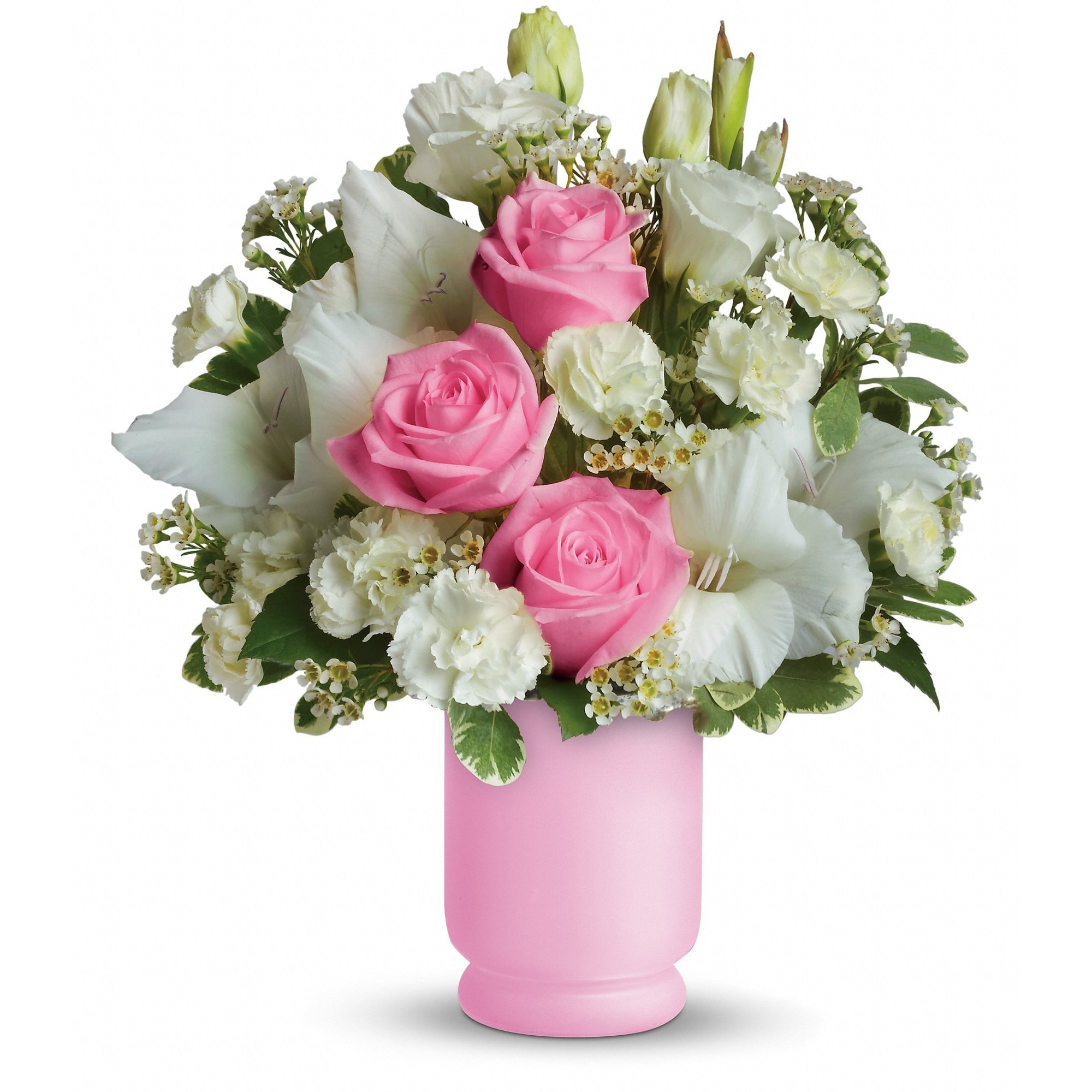 Teleflora's Pink and White Delight Teleflora's Pink and White Delight - Think pink...and white! Here's a bouquet she'll love because it's so beautiful - and you'll love because it's so beautifully priced. With pink roses and white gladioli in a classic frosted pink hurricane vase, it's a gift that makes everybody happy.