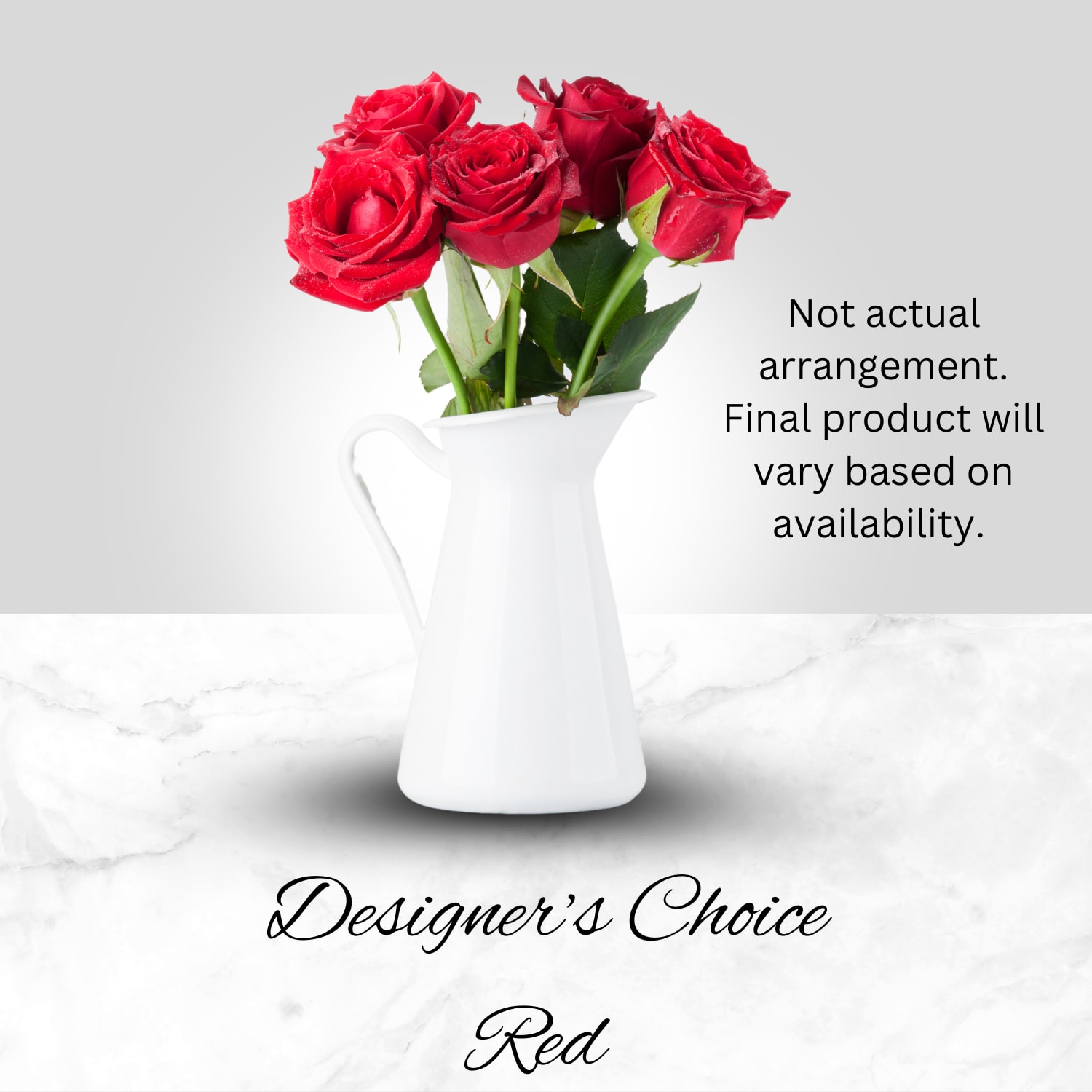 Red Designer's Choice - This arrangement will feature red as the dominant color with other beautiful colors to compliment it. This deep color of love is sure to delight! Finished product will vary depending on availability. It will be bigger and fuller than picture with different vase.