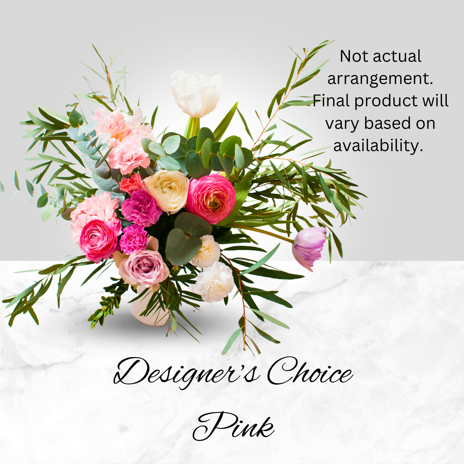 Pink Designer's Choice - This arrangement will feature pinks as the dominant color with other beautiful colors to compliment it. This bright color of femininity is sure to delight! Final product will be different than photo depending on availability, but will be beautiful.