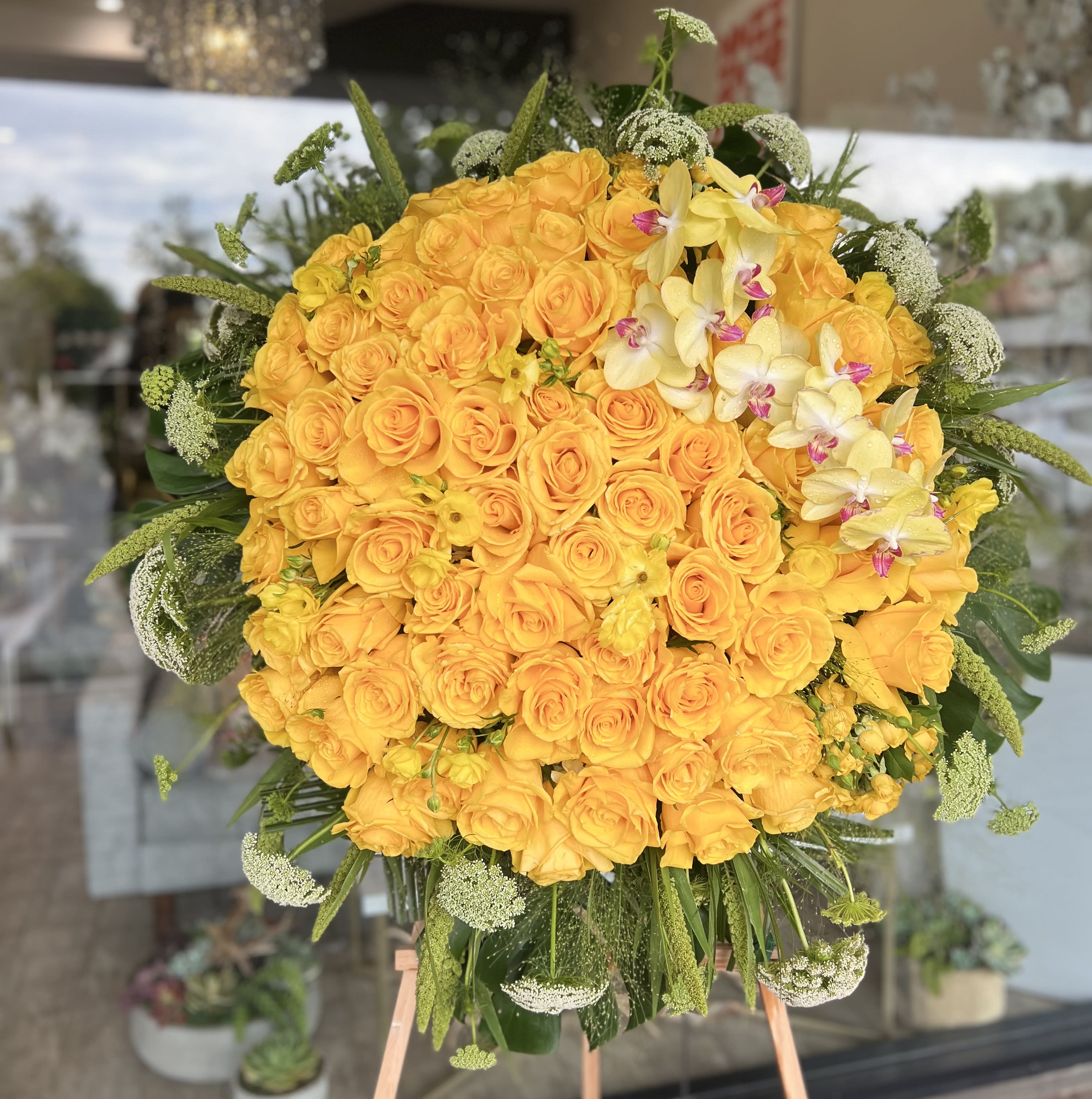 Garden Rose Funeral Spray (any color rosé available) - Gorgeous spray with dozens of roses and lush greens 