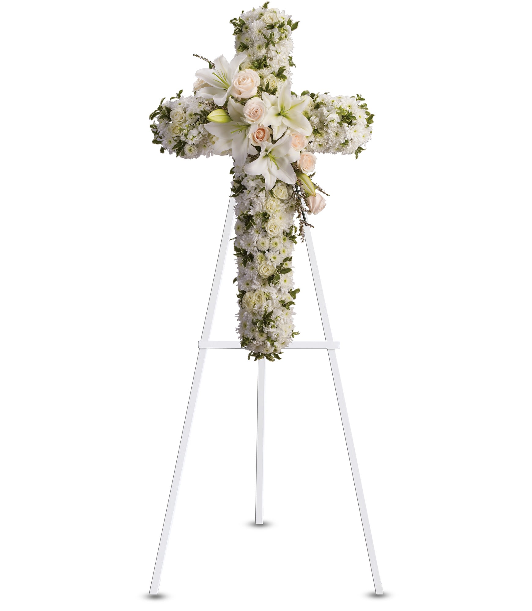 Divine Light  - Your message of hope for eternal serenity is delivered ever so elegantly in this graceful cross. Your sincerity will be acknowledged by all who are present.  Crème roses, white spray roses, oriental lilies, stock, leptosporum, cushion and button spray chrysanthemums create a cross that is a beautiful way to honor a loved one. Approximately 22 1/2&quot; W x 36&quot; H  