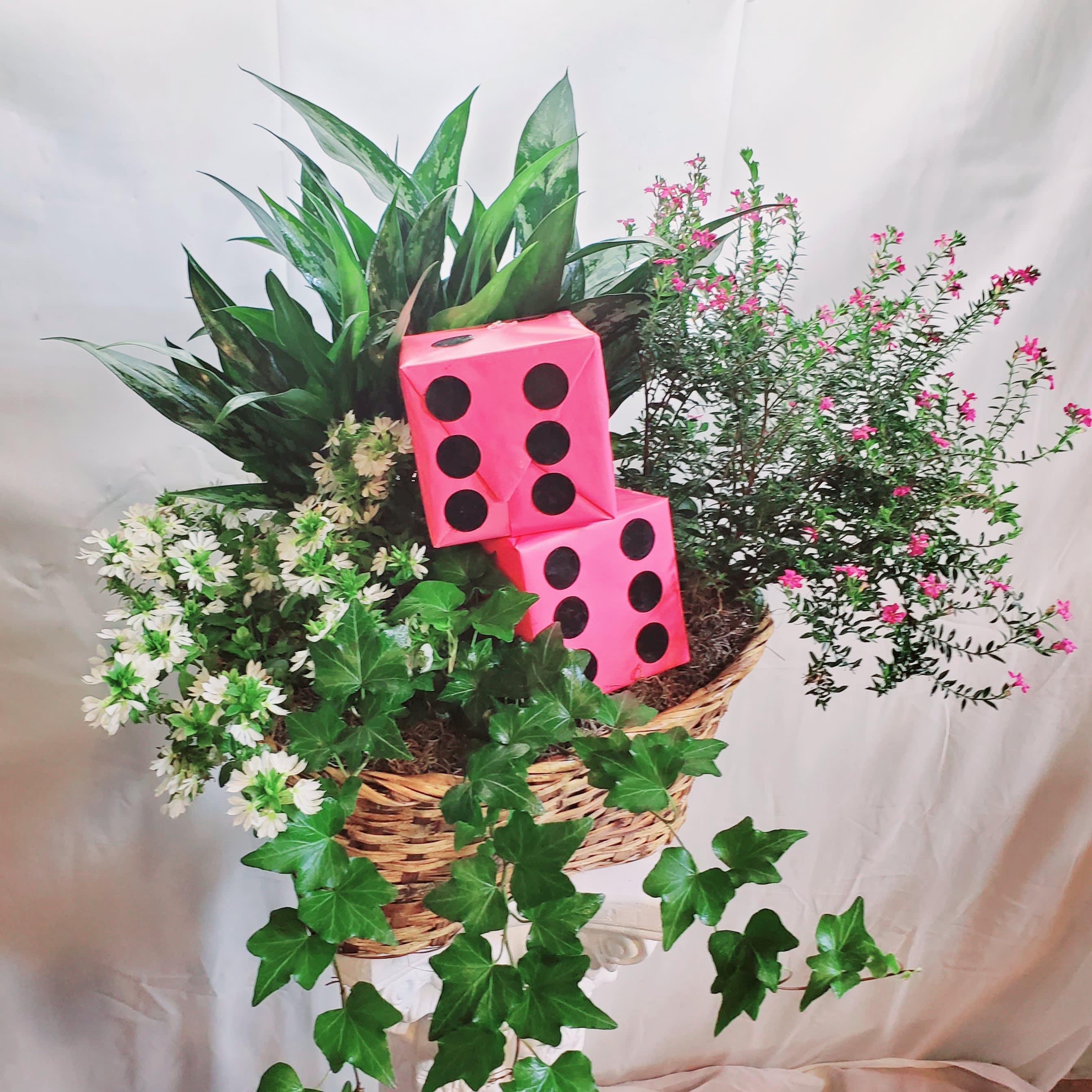Take a chance without the dice - Send or enjoy a season dish garden around a sentimental piece. In this case it was a set of Bunco dice. 
