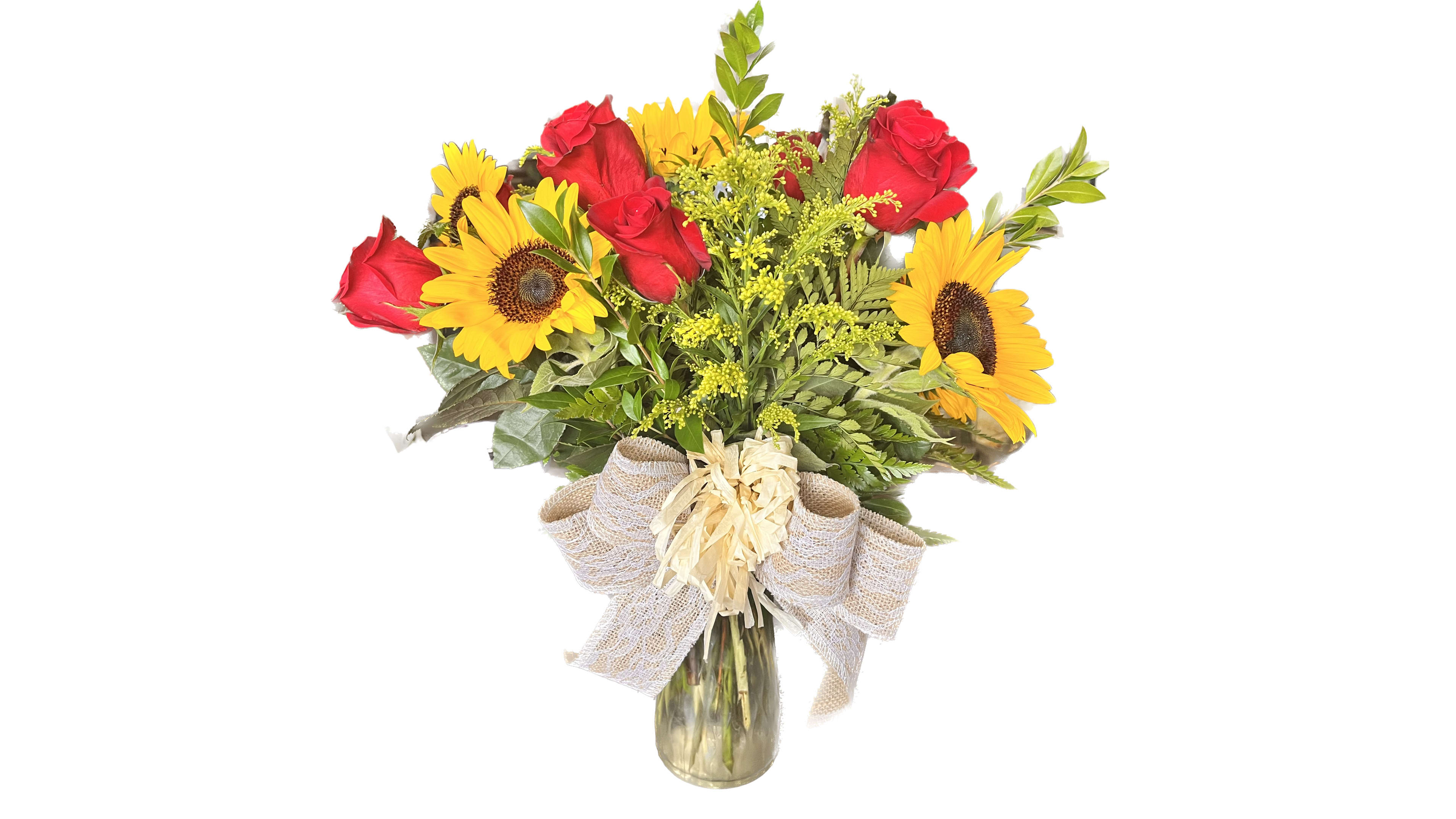 the stomper  - sunflowers, red roses, solidago 