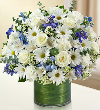 Cherished Memories - Blue and White - Product ID: 95409   Remember a loved one during times of sorrow with a beautiful blue and white sympathy arrangement. This graceful gathering of roses, delphinium, alstroemeria, carnations and daisy poms is elegantly arranged in a stylish cylinder vase to offer a comforting expression of condolences. Graceful blue and white arrangement of roses, delphinium, alstroemeria, carnations, daisy poms and monte casino, gathered with variegated pittosporum and spiral eucalyptus Hand-designed by our expert florists in a stylish clear glass cylinder vase wrapped with a Ti leaf ribbon; vase measures 6&quot;H Appropriate for the service or the home of friends and family members Large arrangement measures approximately 16&quot;H x 17&quot;L Medium arrangement measures approximately 15&quot;H x 16&quot;L Small arrangement measures approximately 14&quot;H X 15&quot;L Our florists hand-design each arrangement, so colors, varieties, and vase may vary due to local availability
