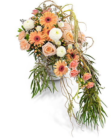 Divine Grace Waterfall - Roses, Chrysanthemums, Ranunculus, Carnations, Gerbera Daisies and Hypericum Berries are artistically designed in a cascading motion. The Divine Grace Waterfall is an exquisite piece of this collection. 