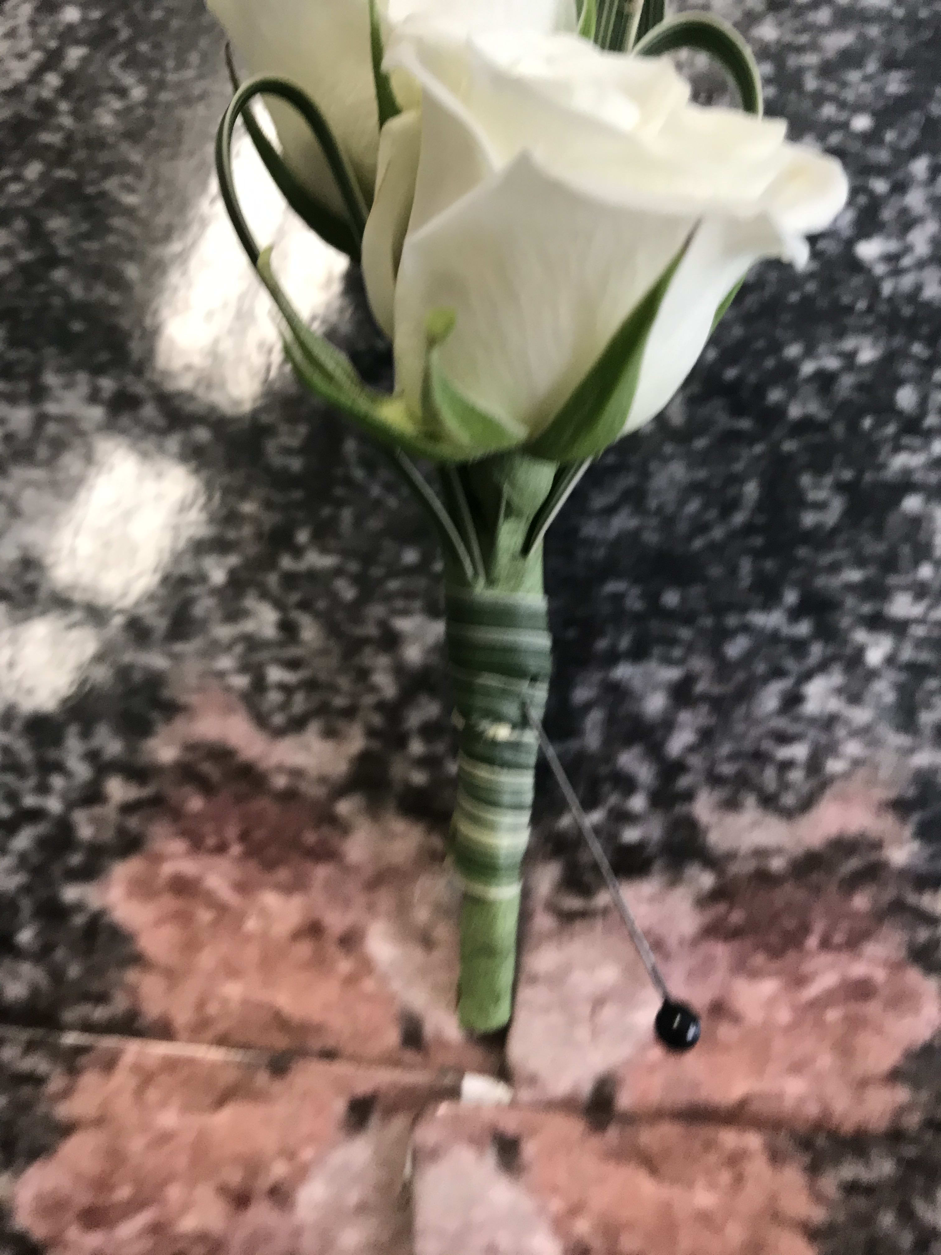 White Spray Rose Boutonniere With Silver Ribbon in NOVATO, CA