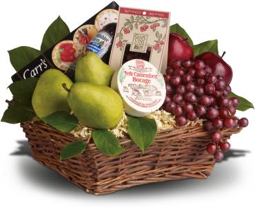 Delicious Delights Basket -  A delicious choice! Send a gift basket of gourmet treats for an instant pick-me-up, any day of the week. This basket of fruit, cheese and crackers is always apropos.  Pamper anyone anytime with this gourmet cheese gift basket of grapes, 3 pears, 2 apples, dried cranberries, soft cheese, crackers and summer sausage. 
