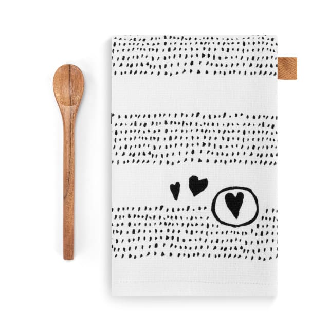 Hearts Kitchen Towel &amp; Tasting Spoon Set - You hit the jackpot! With the Hearts Kitchen Towel &amp; Tasting Spoon Set, you've found the perfect kitchen set. Functional and decorative? Yes, please! Plus, it's also a thoughtful housewarming or hostess gift.Size: Spoon: 0.5&quot;w x 7&quot;h; Towel: 17&quot;w x 28&quot;h