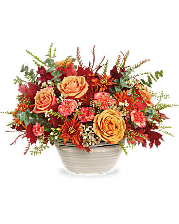 Rustic Harvest Centerpiece - Invite fall beauty to the table with this radiantly rustic rose centerpiece, presented in a classic stoneware serving bowl with gorgeous reactive glaze detail.