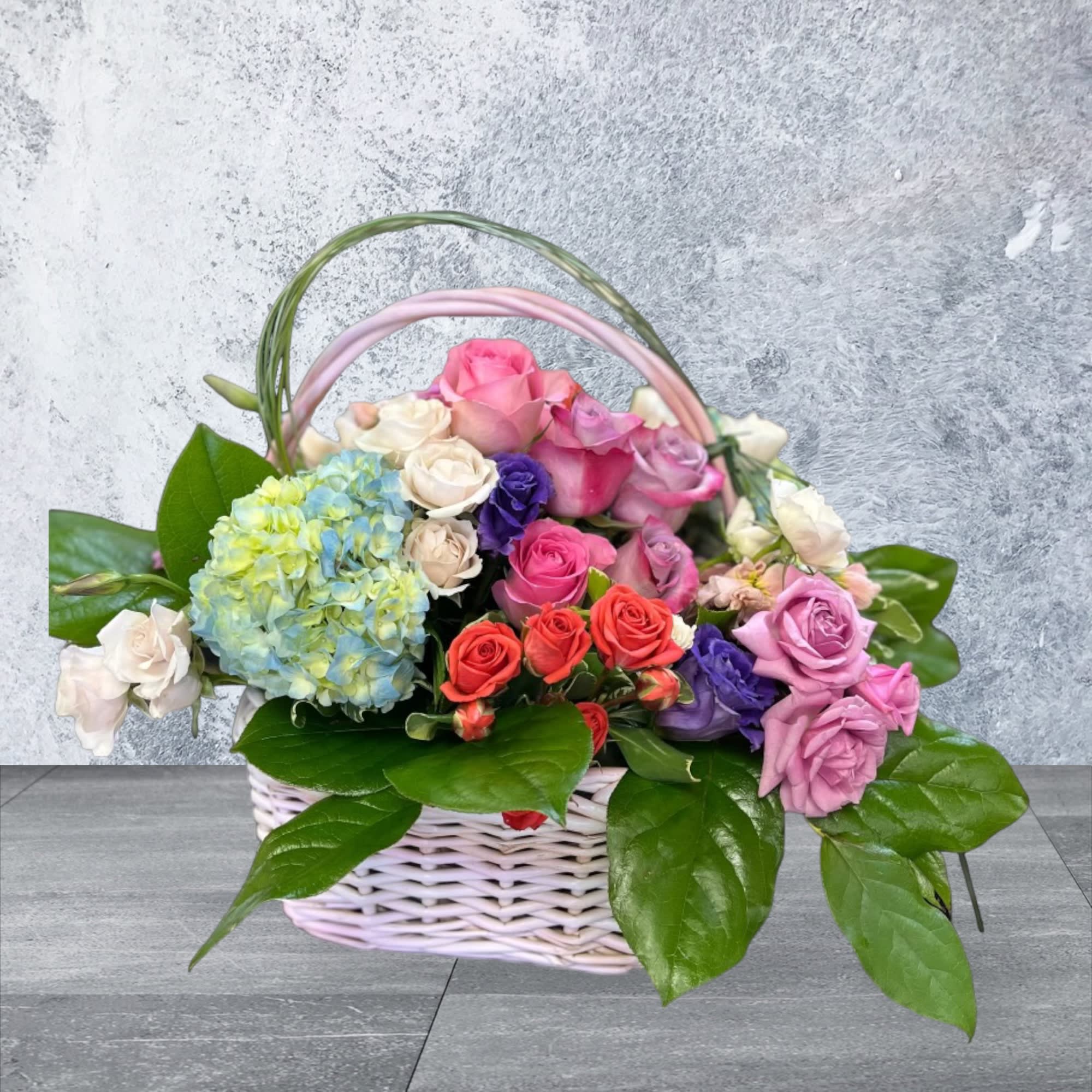 Happiness - Send someone the happiness of this basket. Beautiful basket of roses and hydrangeas designed in a basket. 