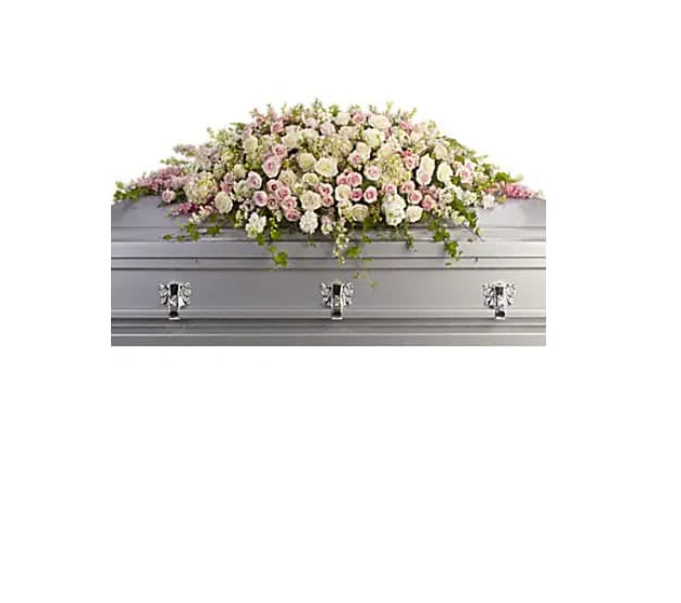 Always Adored Casket Spray - &quot;A beautiful spray of soft pink, white and crème blooms ease the burden of loss. Pink hydrangea, larkspur and roses mingle with white roses, stock and waxflower. Ivy, fern and fragrant eucalyptus act as green accents in this spray that rests atop the casket.   Orientation : N/A  All prices in USD ($)  Standard  T236-3A  &quot;