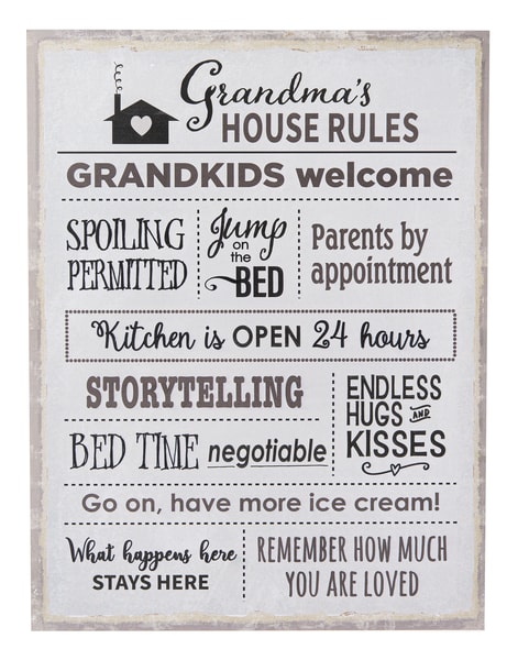 Grandmas  House Rules Wall Decor - Grandmas House Rules Metal Sign in gray, black and white by Ganz.Dimensions: 103/8&quot; W. x 133/4&quot; H.