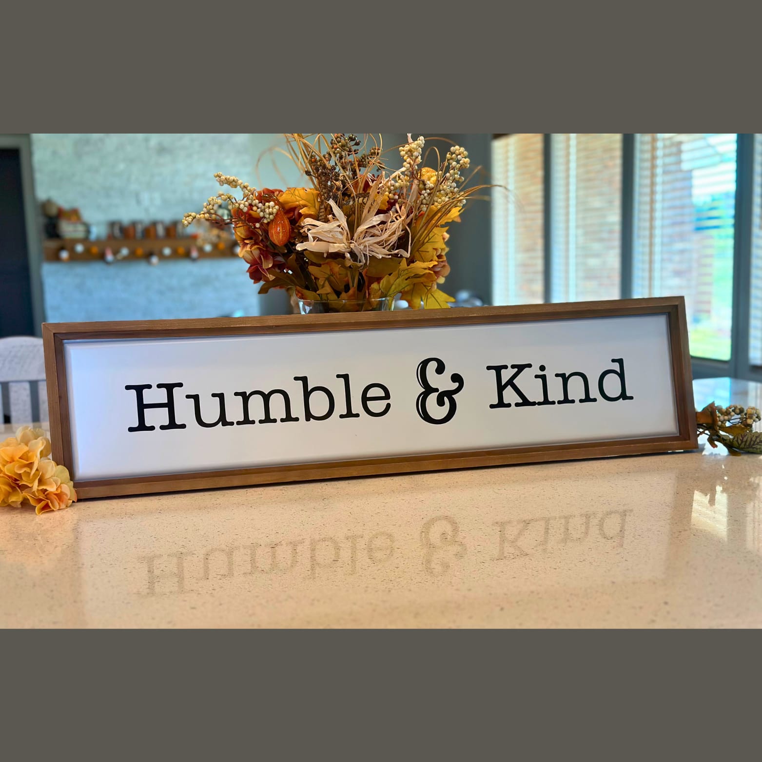 Humble &amp; Kind - &quot;Humble &amp; Kind&quot; sign. Perfect gift and home decoration. White with black lettering and wood frame. Measures 10 inches tall by 39.5 wide.