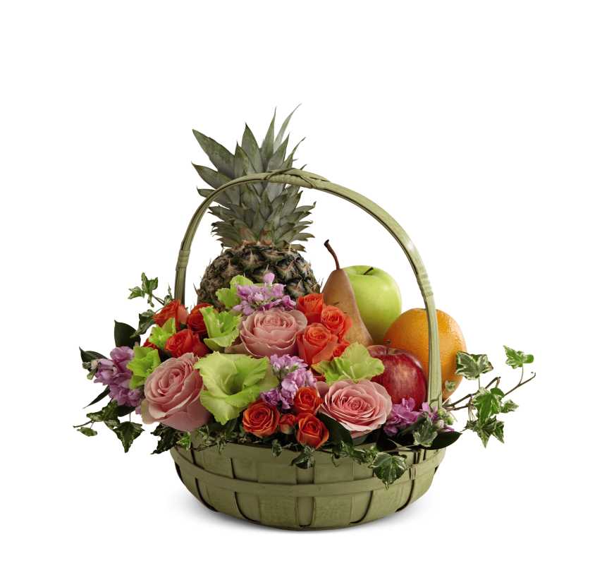 The FTD Rest in Peace Fruit &amp; Flowers Basket - The FTD Rest in Peace Fruit &amp; Flowers Basket is a thoughtful gift that conveys your warmest sentiments for the family and friends of the deceased. Pink roses, pink stock, orange spray roses, green gladiolus, variegated ivy, and lush greens are arranged amongst a collection of fruit, gorgeously seated in a large green basket to create a gift that expresses your deepest sympathies for their loss.