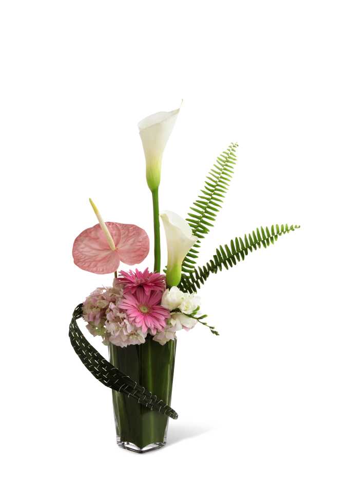 The FTD Gently into the Ever-After Arrangement The FTD Gently into the Ever-After Arrangement - The FTD Gently into the Ever-After Arrangement is an intricate bouquet that exudes peace and tranquility with each exquisite bloom. Pink gerbera daisies, anthurium and hydrangea are sweet and sophisticated when accented with white calla lilies, white freesia, ti leaves, sword fern fronds and lily grass in a square tapered clear glass vase to offer a gentle display of sincere sympathy and comfort.