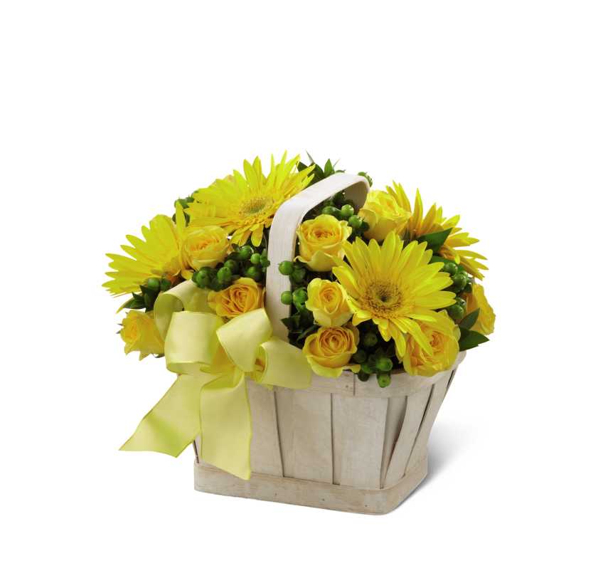 The FTD Uplifting Moments Bouquet - The FTD Uplifting Moments Bouquet is a wonderful way to convey your deepest condolences for their loss. Bright yellow gerbera daisies and spray roses burst with sunlit sweetness arranged amongst green hypericum berries and myrtle greens in a stylish whitewash basket. Accented with a lemon yellow wired ribbon this bouquet is a symbol of light and hope that will brighten their day.