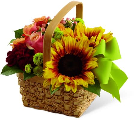 Bright Day Basket - The Bright Day Basket is an abundant expression of Summer's beauty. Sunflowers, bi-colored pink roses, orange spray roses, burgundy miniature carnations, red hypericum berries and green button poms create a splash of sun-filled cheer when presented in a natural basket tied with a bright green ribbon, making this a lovely way to delight and dazzle your special recipient.