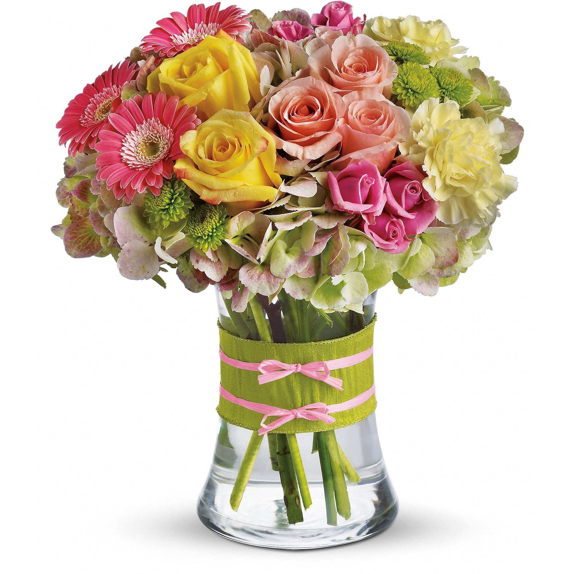 Fashionista Blooms - This arrangement would be perfect for any girl with an eye for style. It's a must-have for fashionistas everywhere.  Gorgeous green hydrangea, yellow and light pink roses, pink spray roses and mini gerberas, light yellow carnations and green button spray chrysanthemums are delivered in a pretty gathering vase. Not just any vase, of course, this one's accessorized with a chartreuse taffeta ribbon and pink raffia.  Approximately 10&quot; W x 11&quot; H  Orientation: All-Around      As Shown : T155-1A     Deluxe : T155-1B     Premium : T155-1C  