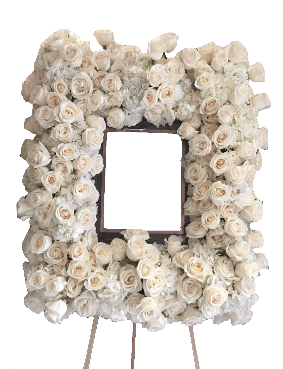 Missing You Missing You - The funeral arrangement has a square shape. The picture of the desisted would be placed in the middle of the arrangement. The following floral are in the arrangement, hydrangea and roses. You would have to provide with the framed image.
