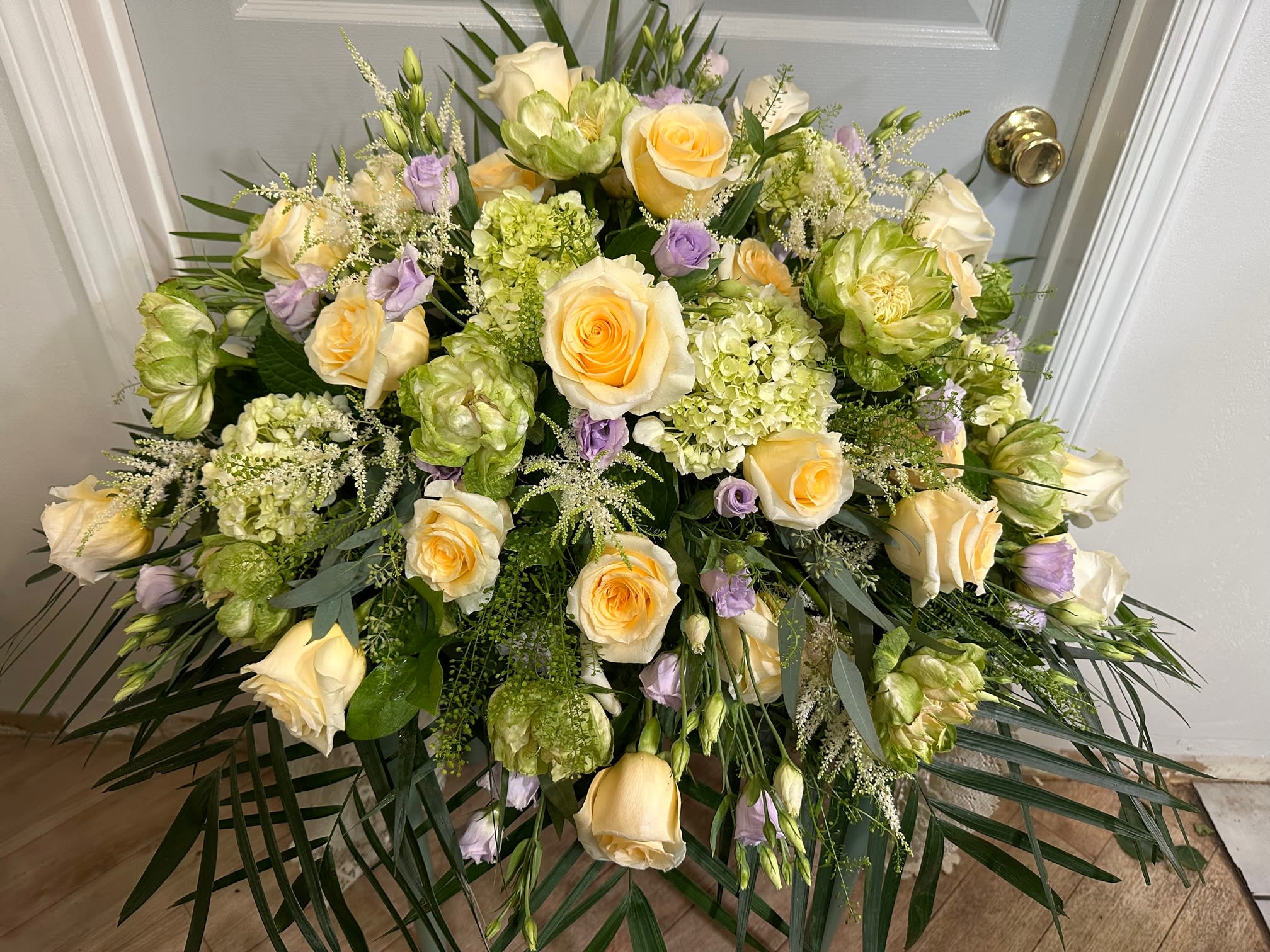 Soft Yellow  Rose  Half  Casket - Butter colored Roses,  Veggie Roses,   Hydrangea,  Lisianthus,  Fancy Greens